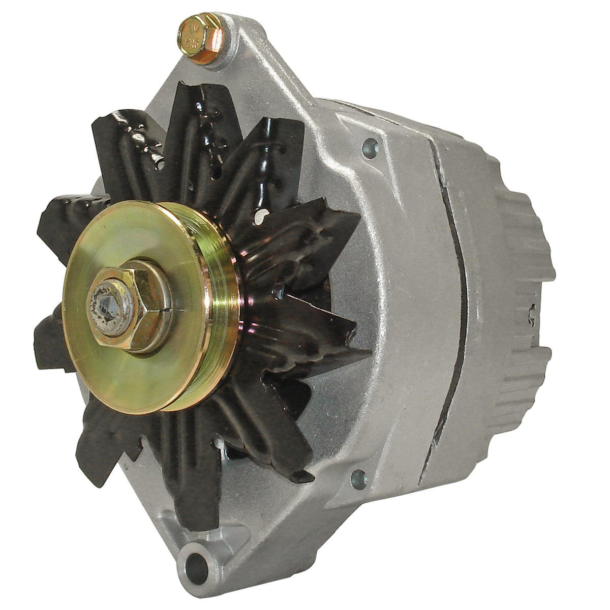 ACDelco alternator front view showing mounting points and connectors, ensures easy fit