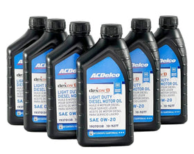 ACDelco dexosD 0W-20 front packaging showing six quart bottles and OE branding for confidence