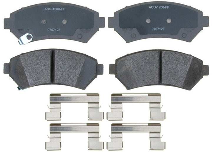 ACDelco front brake pad set packaging showing parts and hardware benefit quick install