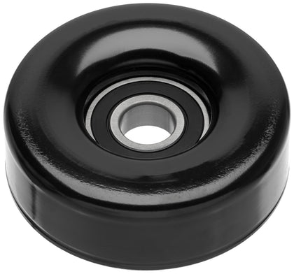 ACDelco Gold idler pulley front view showing mounting hole and steel finish for reliable alignment