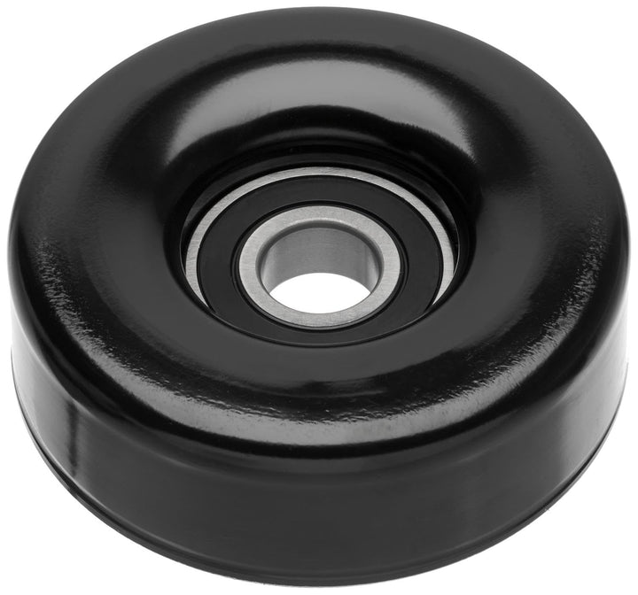 ACDelco Gold idler pulley front view showing mounting hole and steel finish for reliable alignment