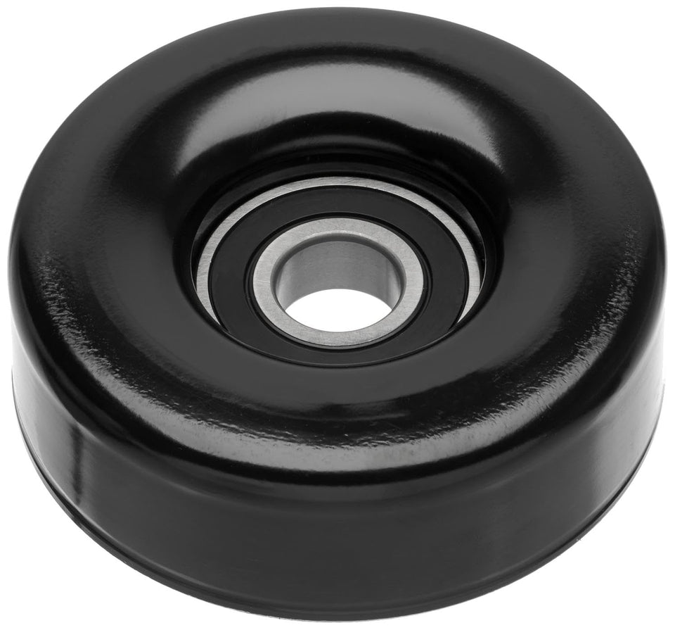 ACDelco Gold idler pulley front view showing mounting hole and steel finish for reliable alignment