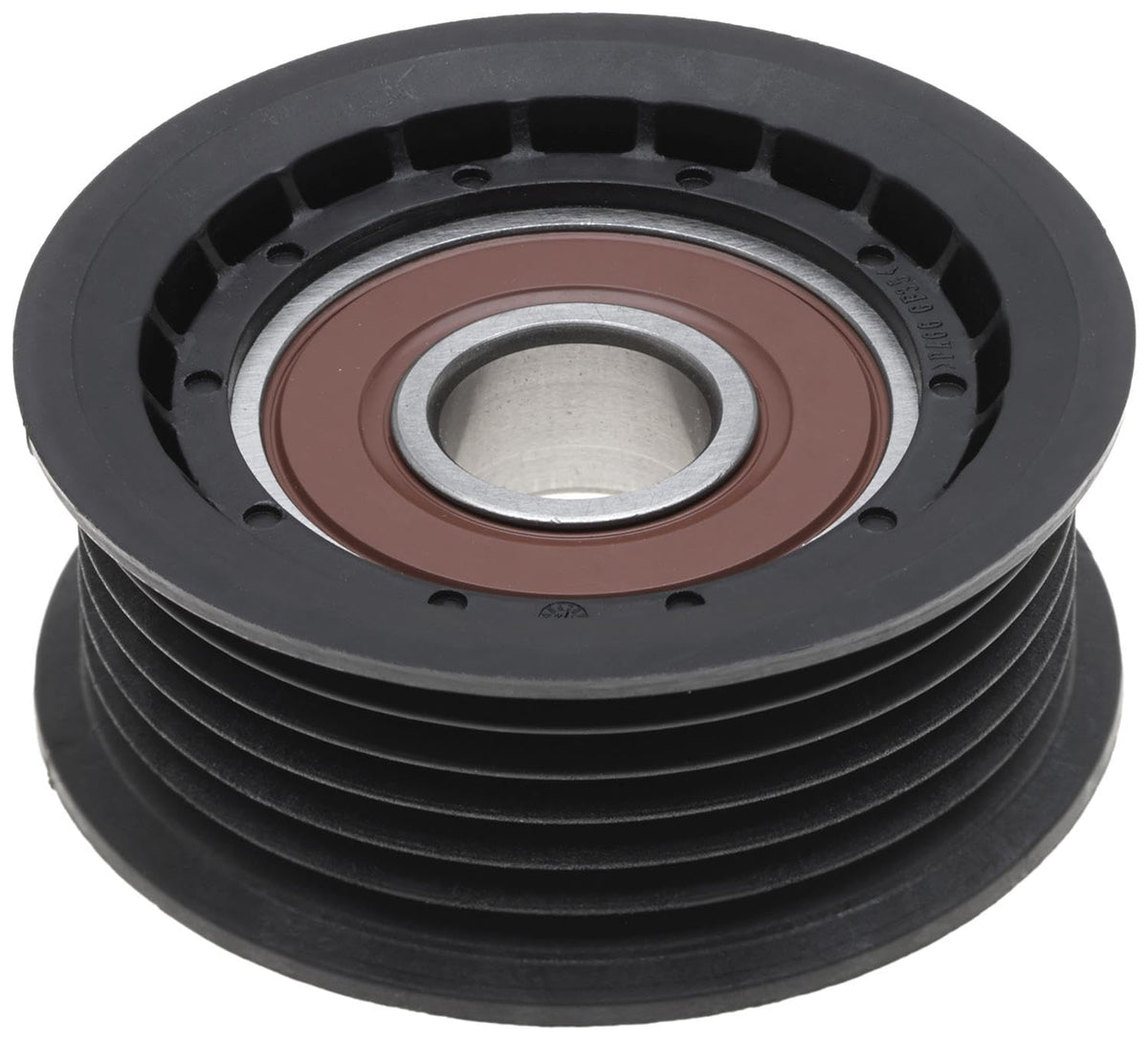 ACDelco idler pulley front view showing mounting face and improved belt routing