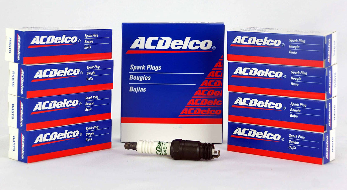 ACDelco R45TS front packaging showing eight spark plugs and rebate offer for easy purchase