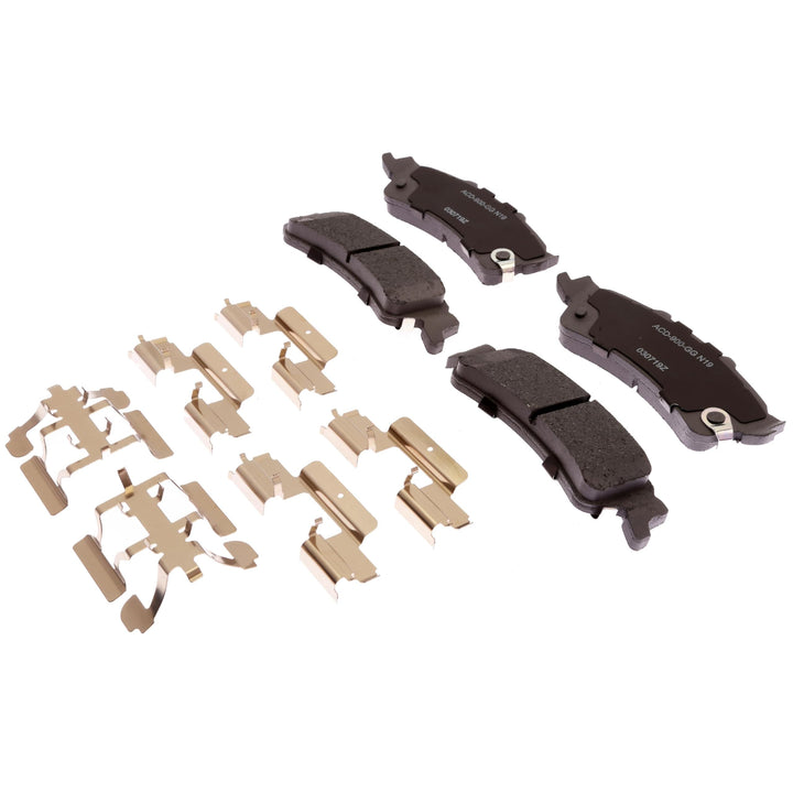 ACDelco rear brake pad set front view showing included hardware and packaging benefit: easy installation