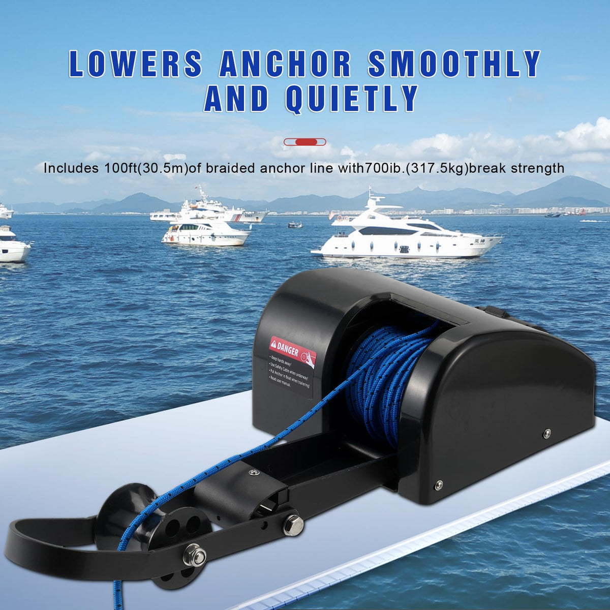 Acdet winch beside boat bow for size and scale comparison during installation