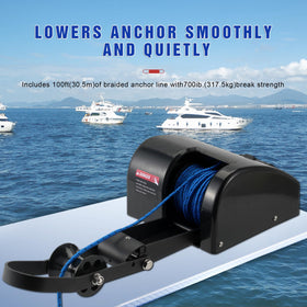 Acdet winch beside boat bow for size and scale comparison during installation