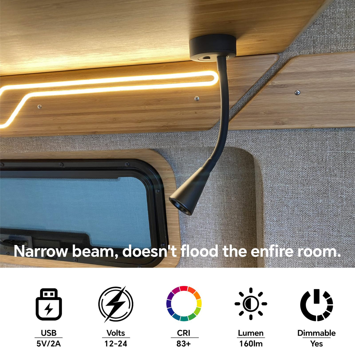 acegoo mounted in rv bedroom demonstrating small footprint and focused night light