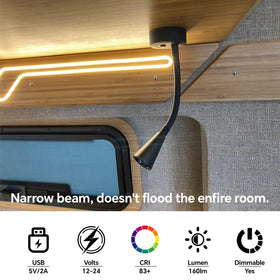 acegoo mounted in rv bedroom demonstrating small footprint and focused night light