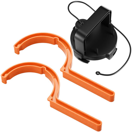 AceOrbit front view of sewer valve cap and two wrenches shows complete leak-prevention kit
