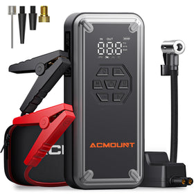 Acmount front view showing compact jump starter and integrated compressor for easy storage