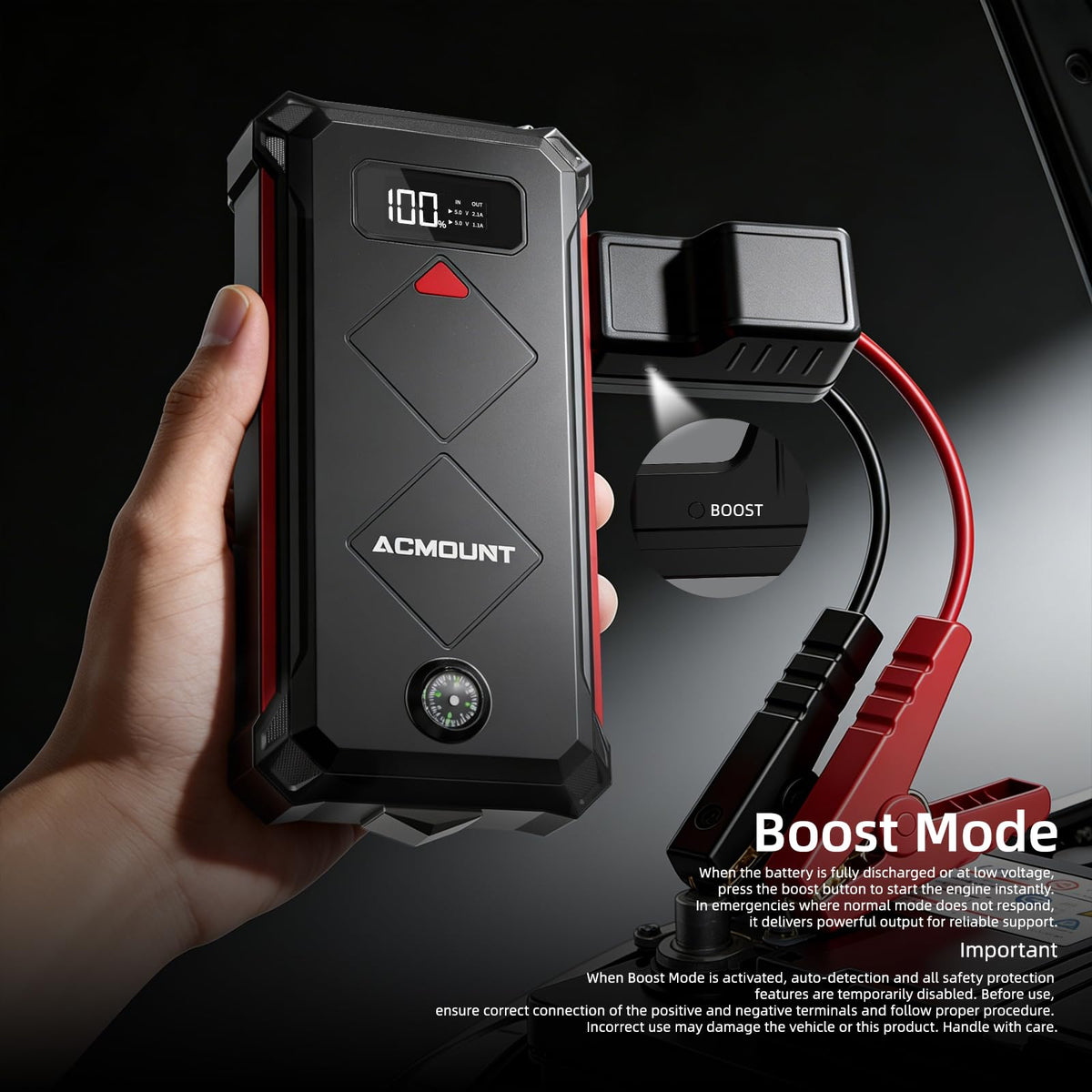 Acmount P100 nighttime emergency use with light and cables aiding roadside repairs