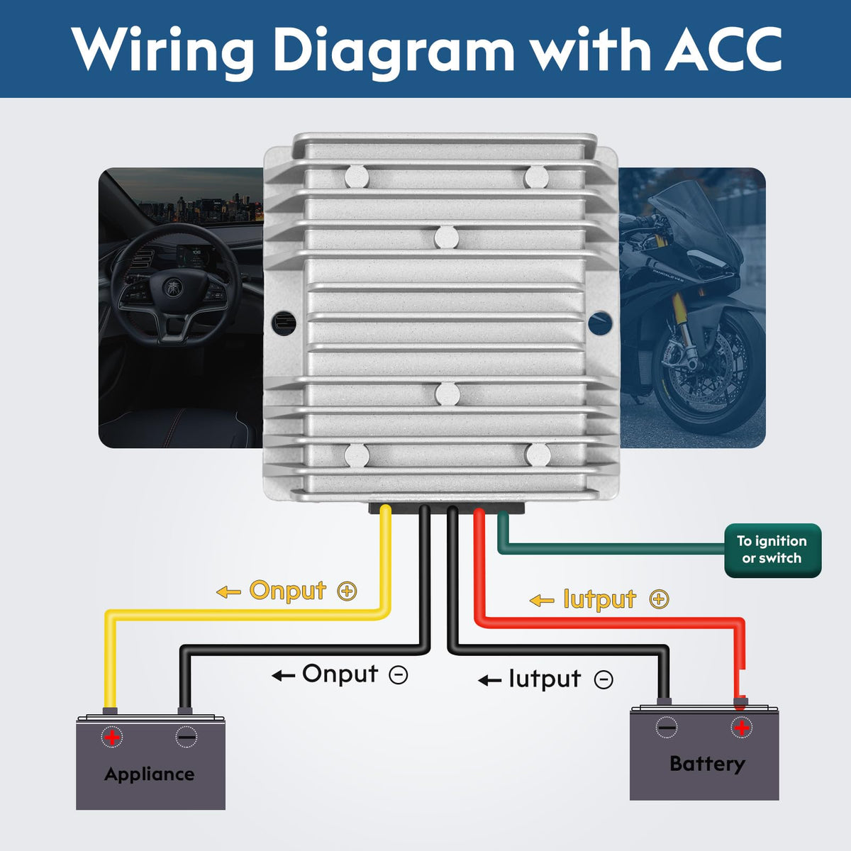 Acridine wiring closeup showing five-wire ACC hookup for easy ignition-switched installation benefit