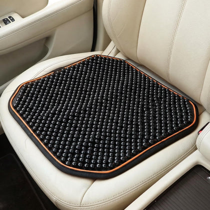 Acshio front view of wooden beaded seat cushion showing full surface and fit benefits
