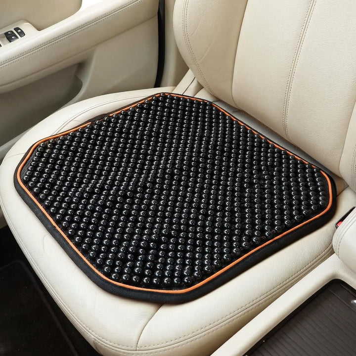 Acshio front view of wooden beaded seat cushion showing full surface and fit benefits