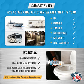 ACTIVE bottle staged inside RV interior for onboard tank maintenance benefit