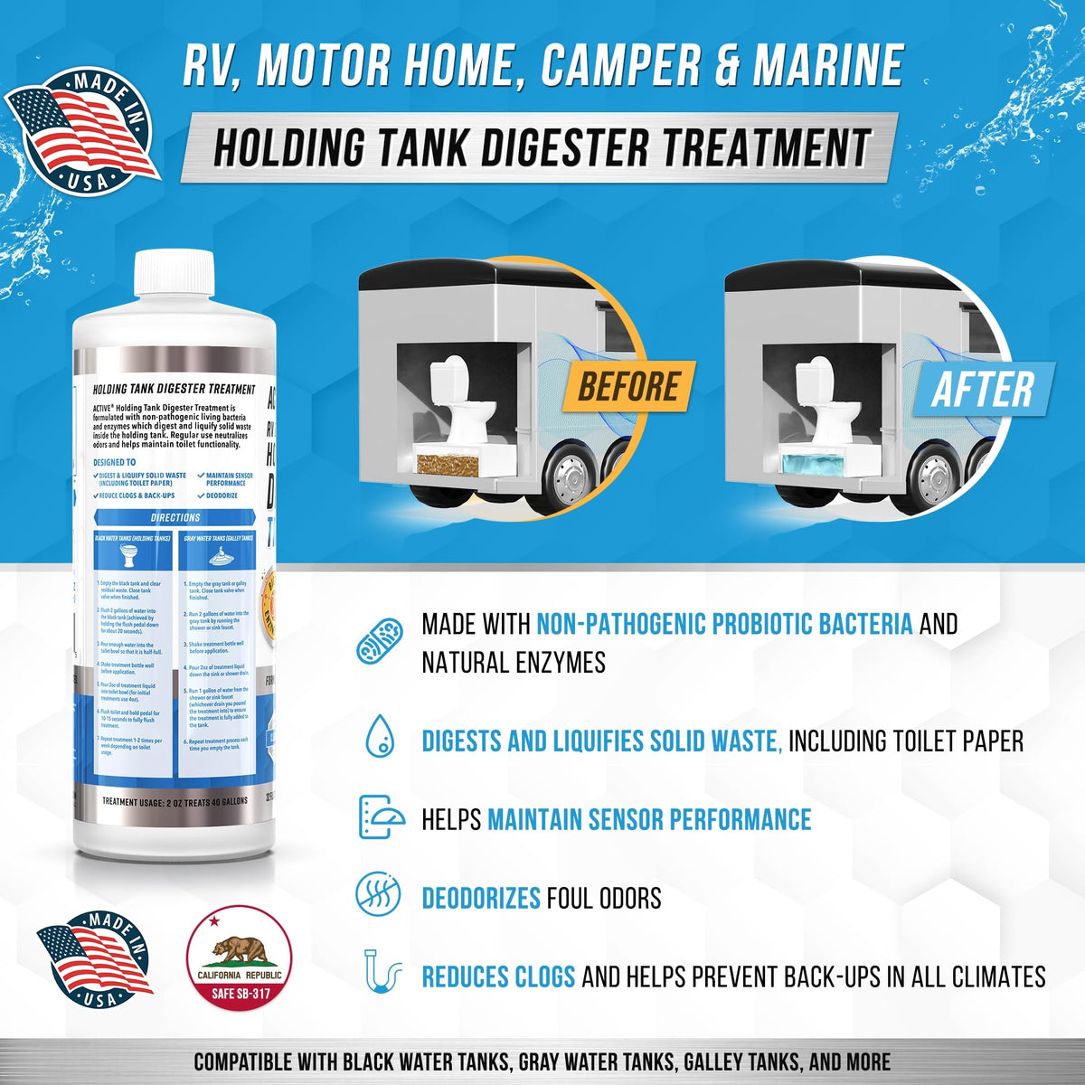 ACTIVE pouring into RV toilet demonstrating easy dosing and odor control