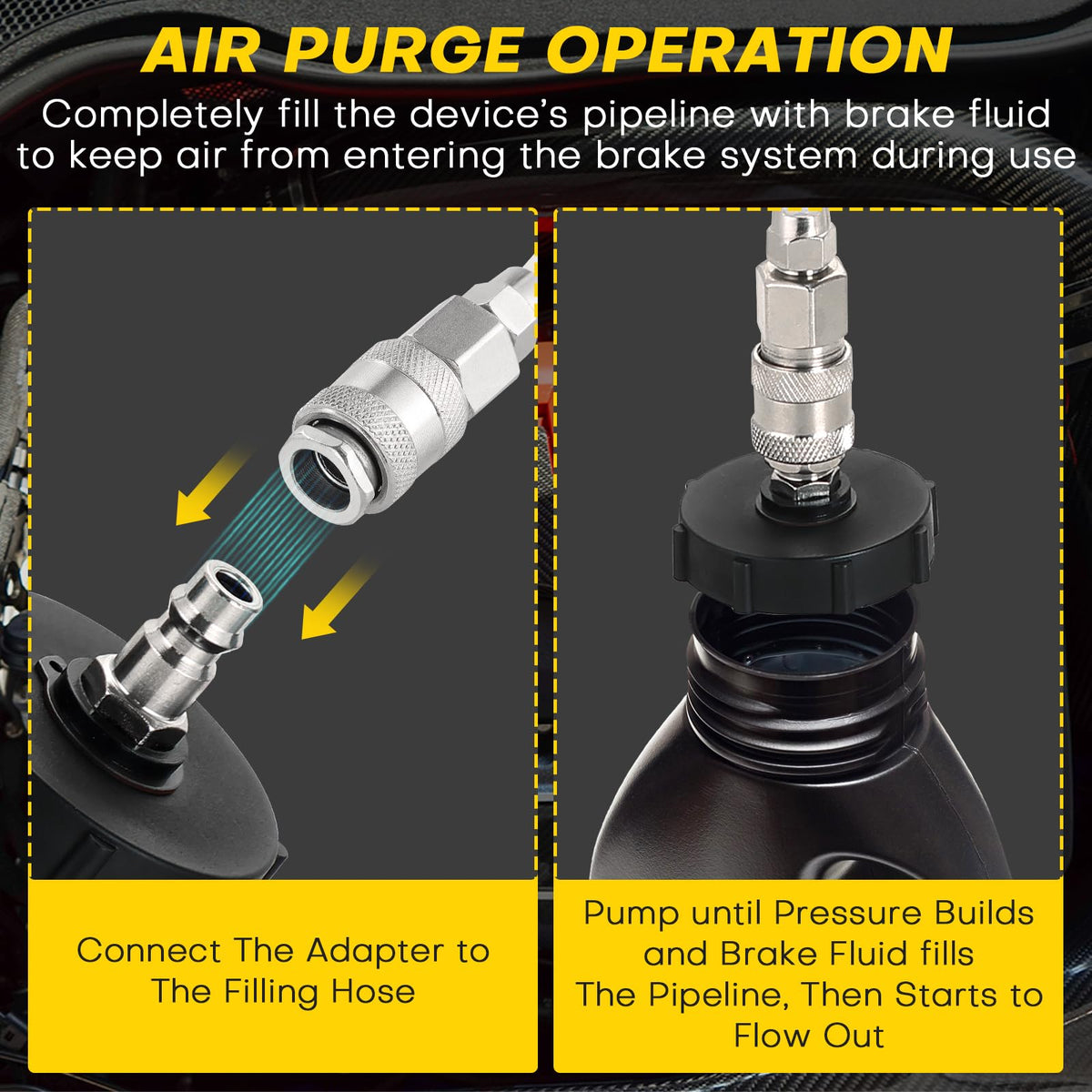 Acymner kit attached to car bleeding brakes demonstrating single-operator convenience benefit
