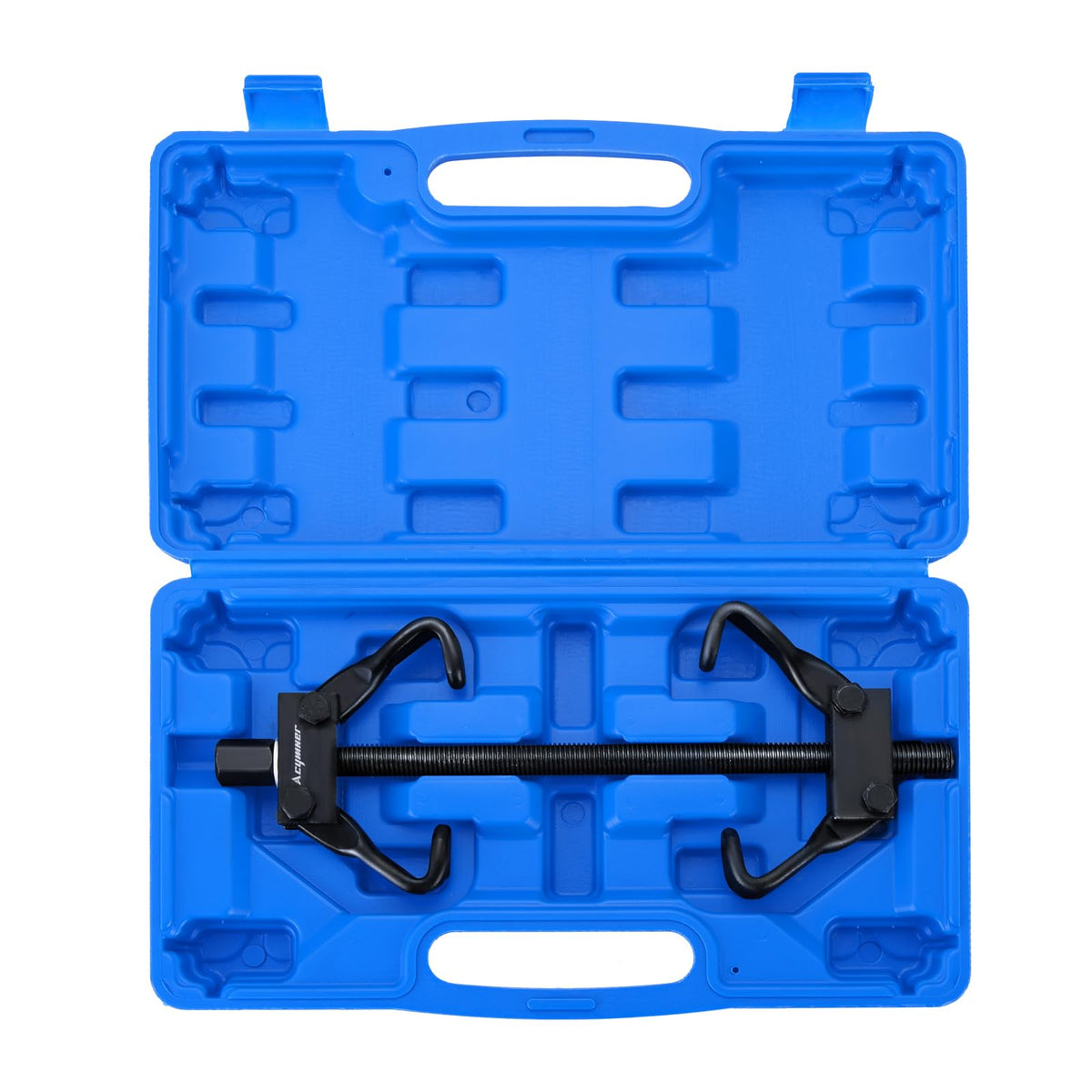 Acymner front view of coil spring compressor showing full tool and latches for safer work
