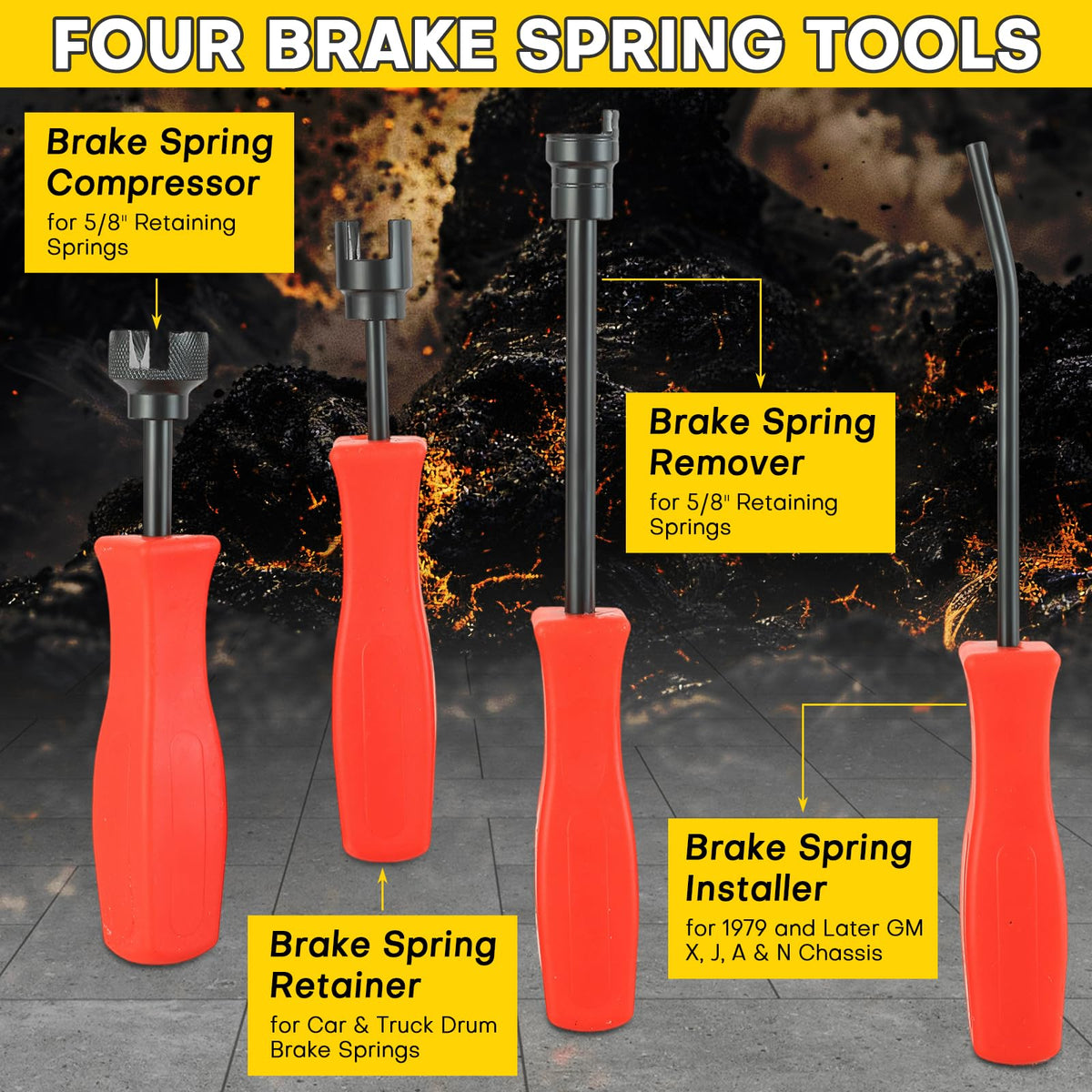 Acymner tools in use on a drum brake illustrating safe spring removal and faster servicing