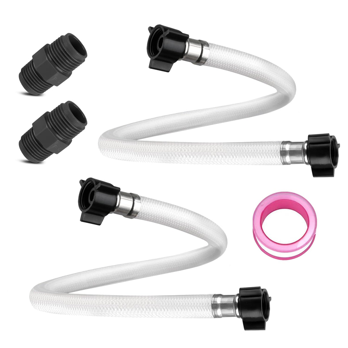 Adabuing front view of silencer hose kit showing included components and benefit of quieter pump