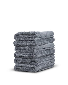 Adam's microfiber towel pack front view showing six grey towels and product branding benefits