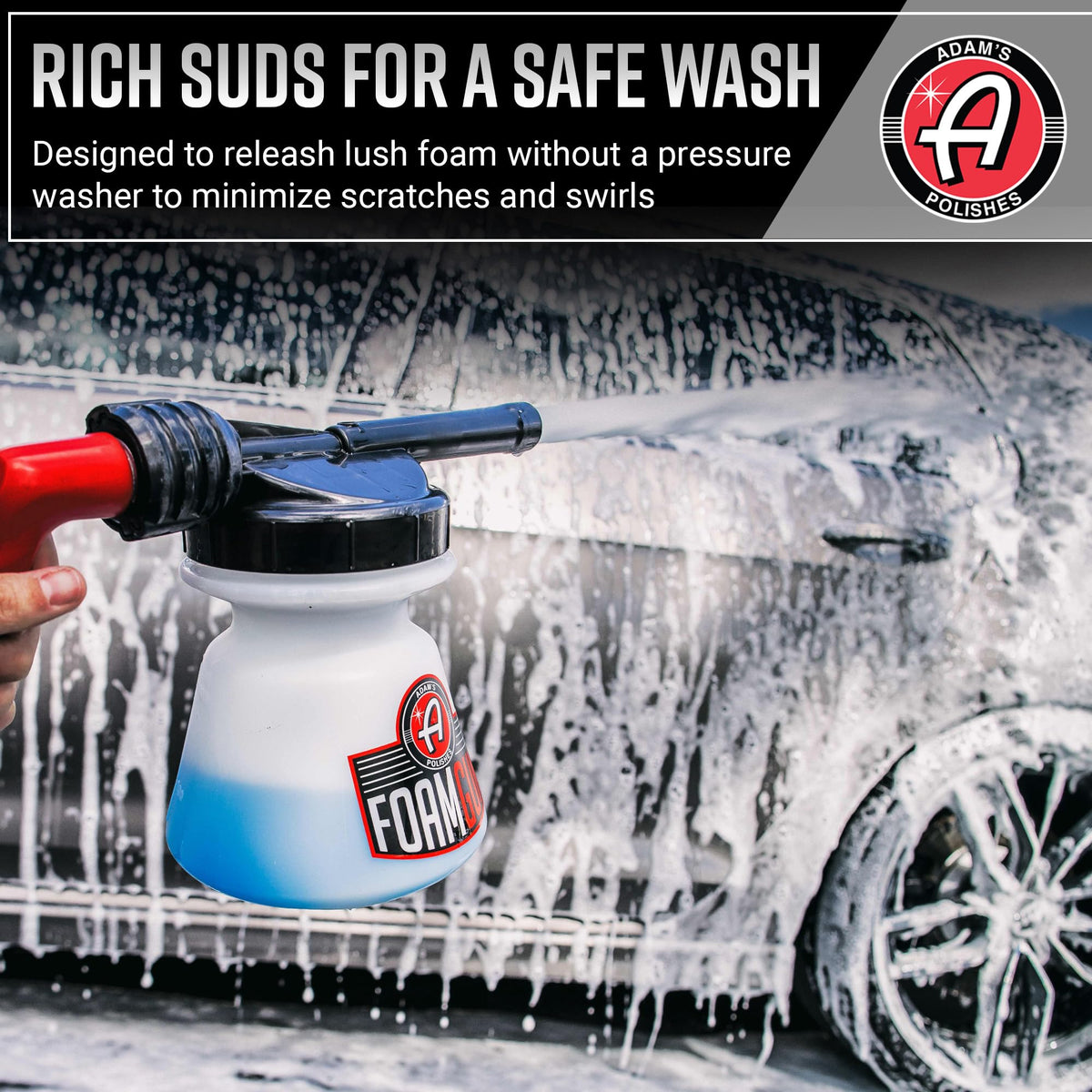 Adam's Polishes foam gun attached to garden hose enabling pressure‑free foam application