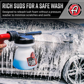 Adam's Polishes foam gun attached to garden hose enabling pressure‑free foam application