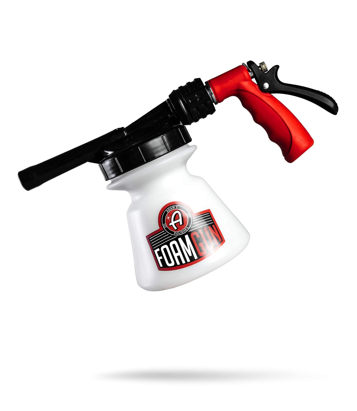 Adam's Polishes foam gun front view showing ergonomic body and quick connect benefit
