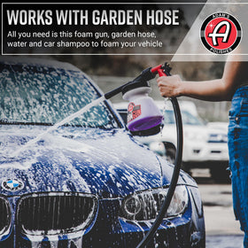 Adam's Polishes foam gun spraying dense foam on vehicle to loosen dirt effectively