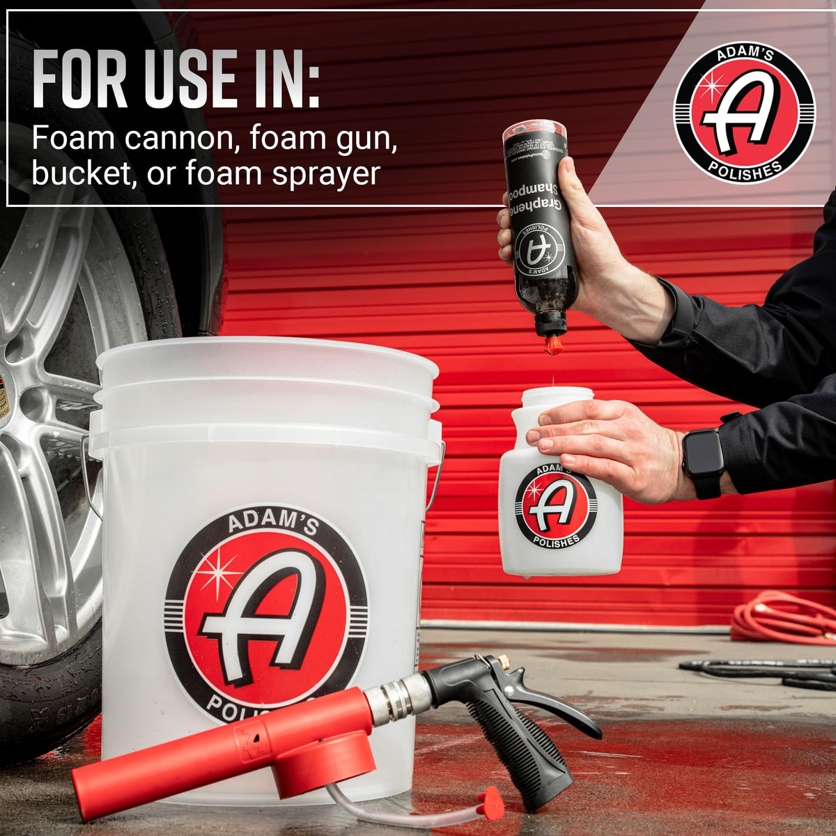 Adam's Polishes gallon next to a tire showcasing size and value