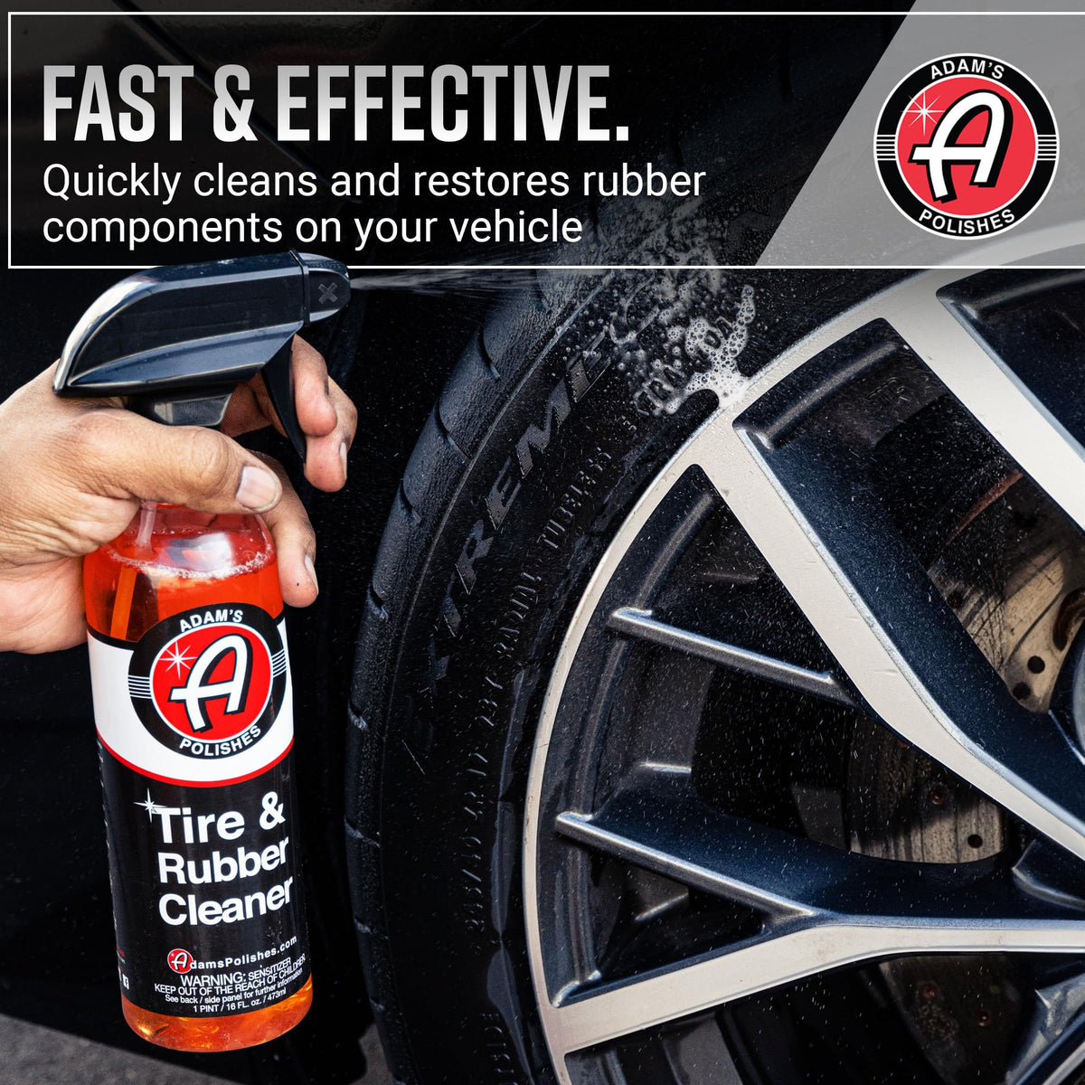 Adam's Polishes before-and-after tire sidewall revealing restored deep black