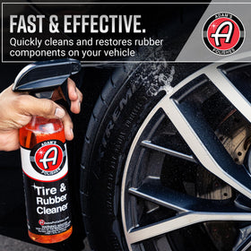 Adam's Polishes before-and-after tire sidewall revealing restored deep black