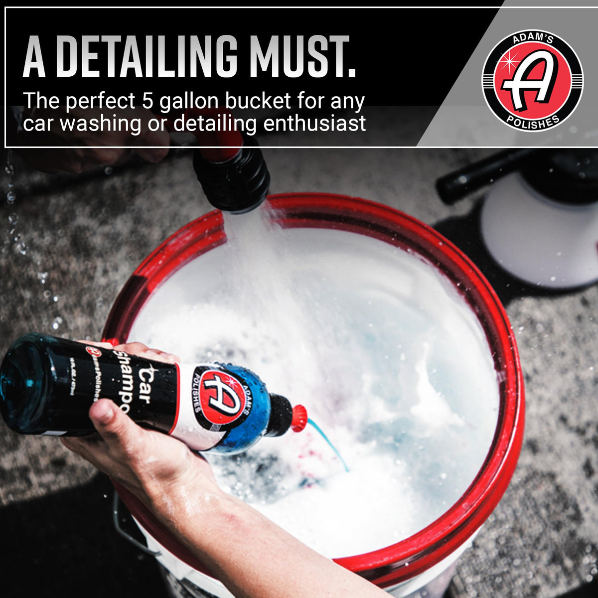 Adam's Polishes bucket in use during car wash promotes safer cleaning