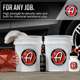 Adam's Polishes bucket holding foam cannon and towels for organized storage