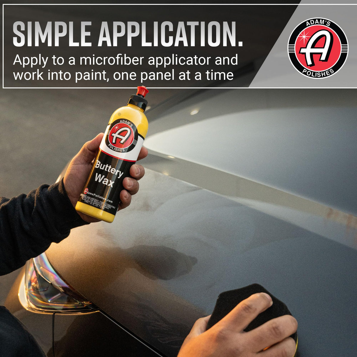 Adam's Polishes wax being applied on a car hood, demonstrates instant gloss benefit
