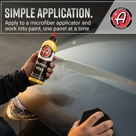 Adam's Polishes wax being applied on a car hood, demonstrates instant gloss benefit