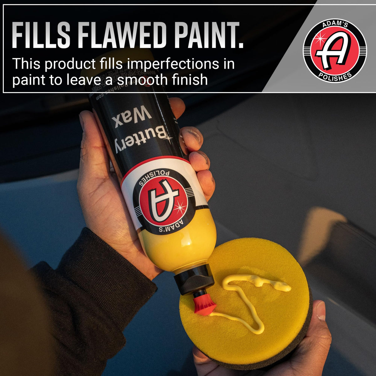 Adam's Polishes in driveway detailing scene, conveys easy use and pleasant scent