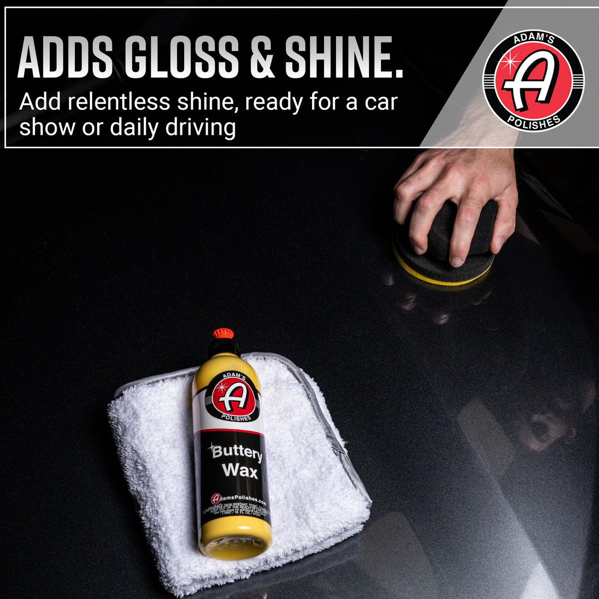 Adam's Polishes bottle held in hand for scale, highlights convenient 16oz capacity