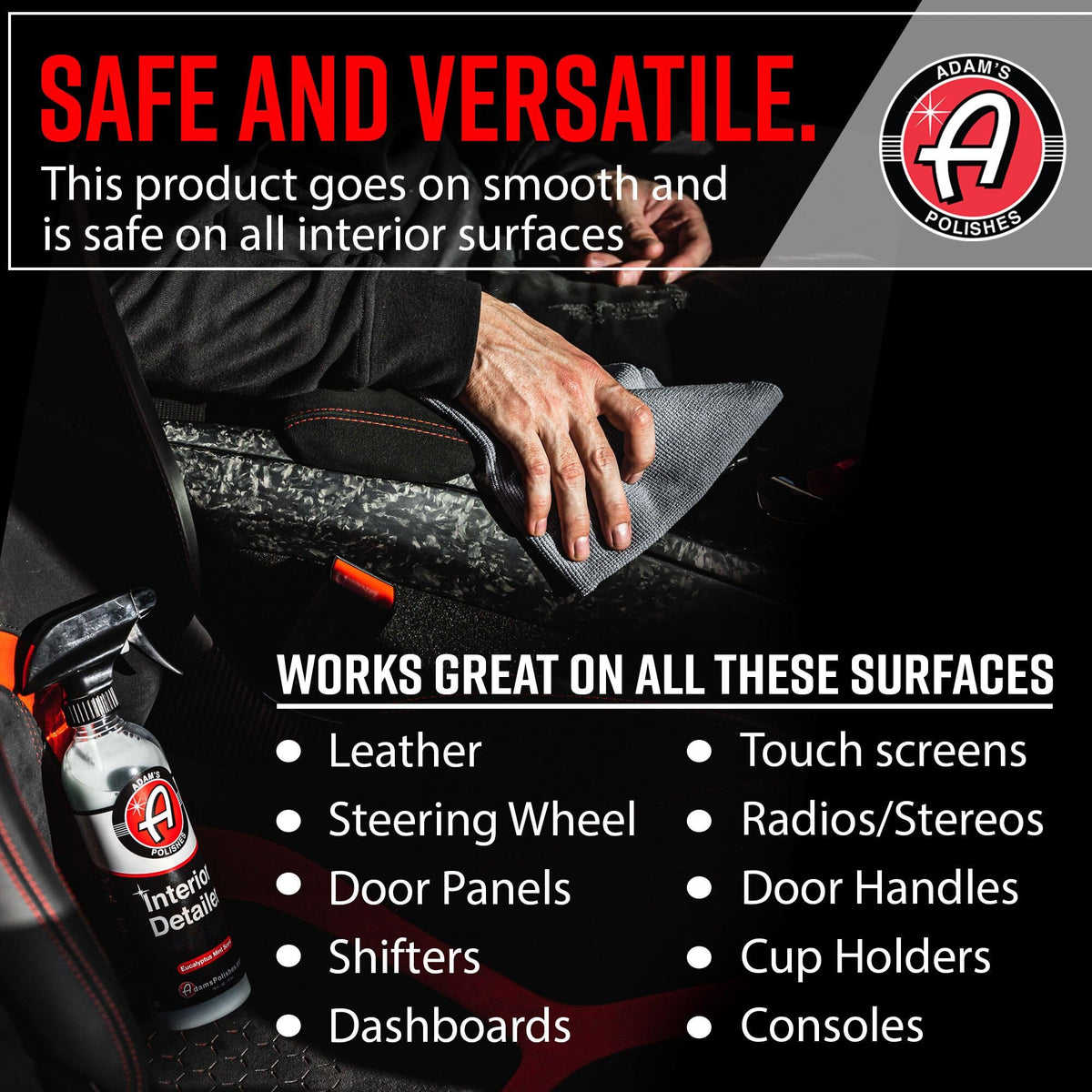 Adam's Polishes dashboard finish highlighting a non-greasy satin shine and protection