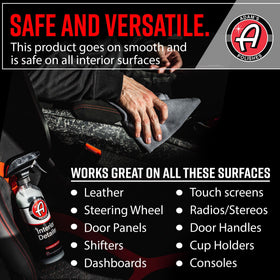 Adam's Polishes dashboard finish highlighting a non-greasy satin shine and protection