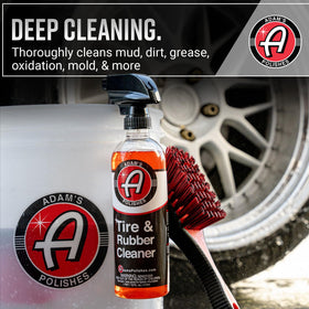 Adam's Polishes being scrubbed on tire to remove bloom and stubborn grime