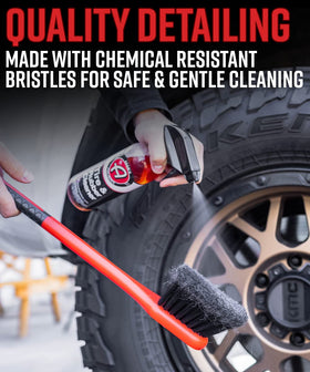 Adam's Polishes brush inside a wheel well removing dirt, improves corrosion prevention