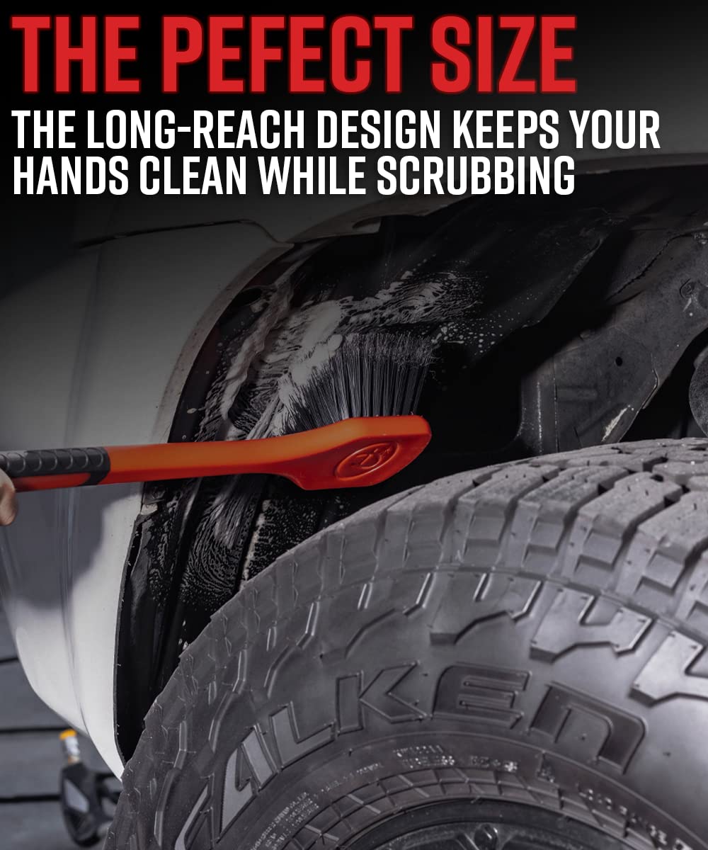 Adam's Polishes brush beside tape measure showing 20-inch reach for hard areas