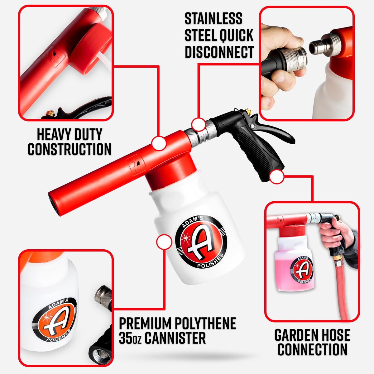 Adam's Polishes foam gun stainless fitting close-up showing secure garden hose attachment