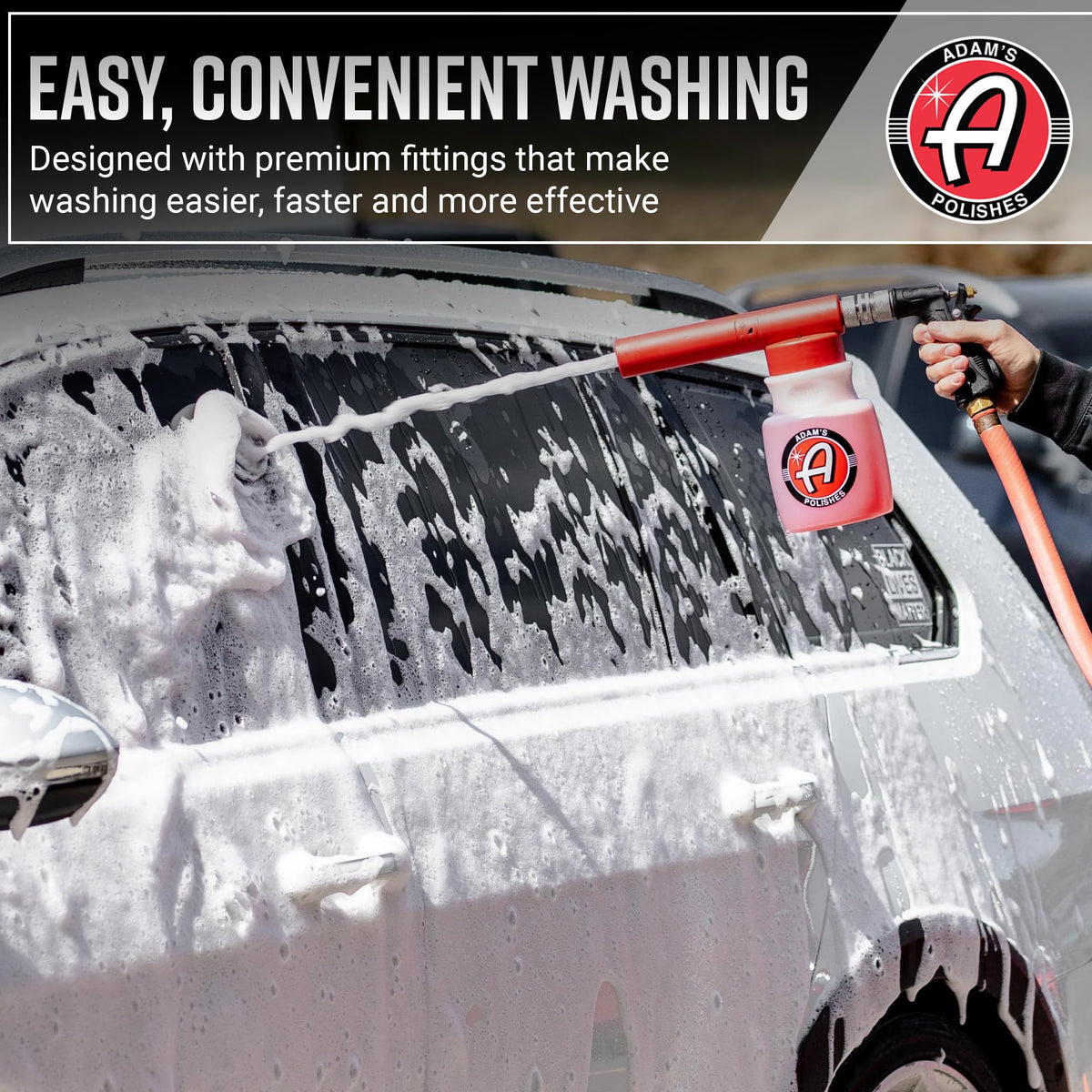 Adam's Polishes foam gun dense white foam texture demonstrating thick clingy coverage