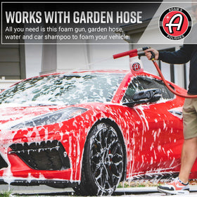 Adam's Polishes foam gun connected to garden hose highlighting no pressure washer needed
