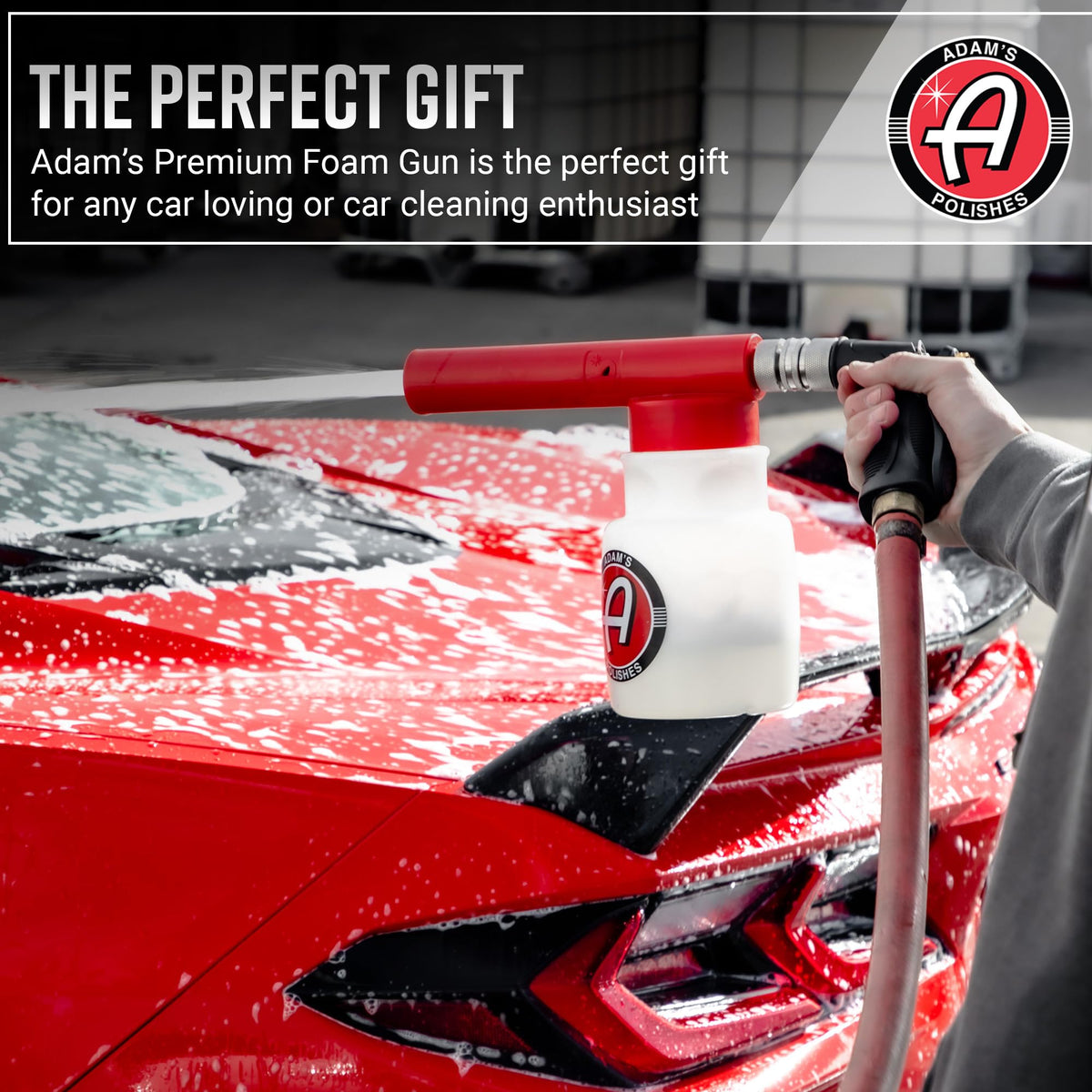 Adam's Polishes foam gun used in driveway wash scene illustrating convenient home use