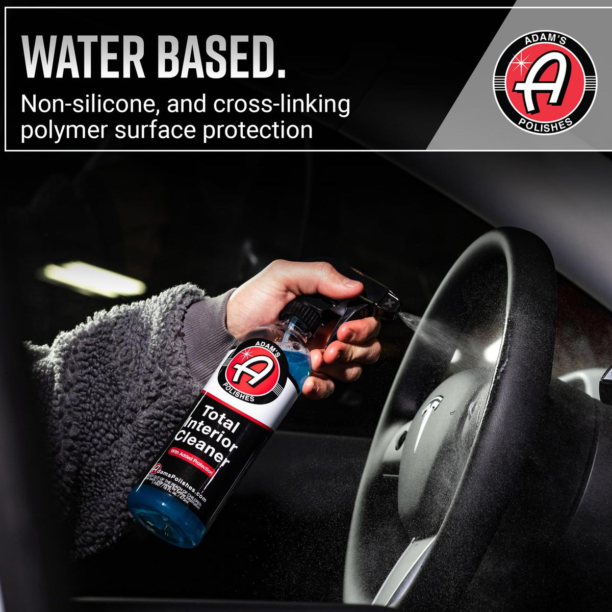 Adam's Polishes cleaning glass panel with streak-free clarity benefit