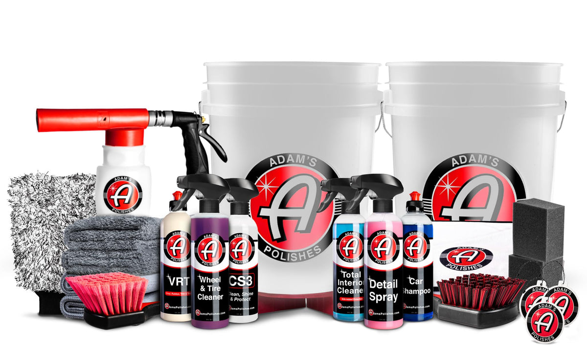 Adam's Polishes kit box front showing complete 24-item set and organization benefits
